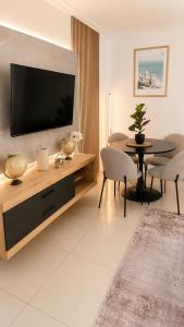 a living room with a flat screen tv on a wall at Le cocon du lac in Montargis