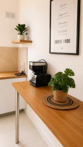 a coffee maker and a plant on a counter at Le cocon du lac in Montargis +4 photos
