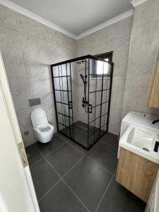 a bathroom with a shower and a toilet and a sink at Ak Suites Rezidans in Trabzon