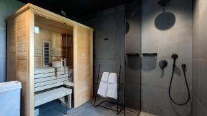 a bathroom with a shower and a mirror at Villa Moia by Villas Guide in Kaštelir +33 photos