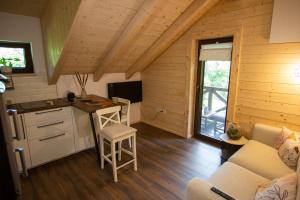 a kitchen and living room in a log cabin at Macaklin Fužine in Fužine