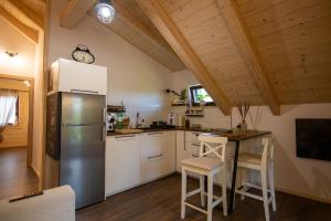 a kitchen with a refrigerator and a table with chairs at Macaklin Fužine in Fužine