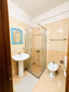 a bathroom with a shower and a sink and a toilet at Terminal Comfort Apartament in Tirana