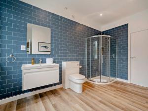a bathroom with a toilet and a shower with blue tiles at High Dougarie Farmhouse in Dougarie +8 photos