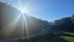 a sun is shining on a road with trees at Mellow Breeze - Nuwara Eliya in Nuwara Eliya