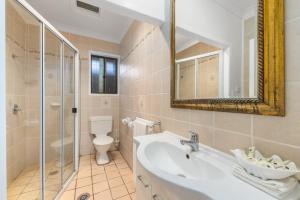 a bathroom with a sink and a toilet and a mirror at Charlesworth On The Park in Glen Innes