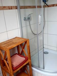 a bathroom with a shower with a wooden stool and a standup shower at Ferienwohnung am Papensee in Hohen Sprenz