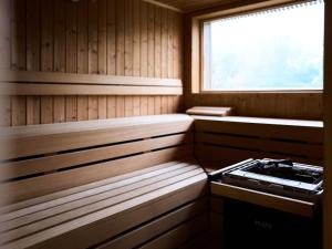 a sauna with a stove and a window in it at Sternen Bohlingen Aparthotel in Bohlingen +38 photos