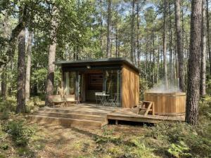 a tiny house in the woods with a hot tub at La forêt PALOMA, Ecolodge in Léon