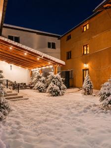 a courtyard covered in snow at night at Guest House Mandrivnyi Rooms&Apartments in Yasinya