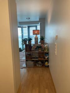 a hallway with a shelf with potted plants on it at 1 studio seaview kalasatama Helsinki in Helsinki
