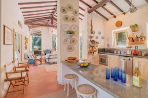 a kitchen and living room with a counter and chairs at Villa Thalèa Fetovaia in Fetovaia