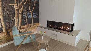 a living room with a fireplace and a blue chair at Am Park 3 in Prerow +6 photos