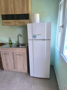 a kitchen with a white refrigerator and a sink at Summer Relax in Keramoti