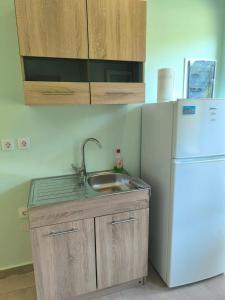 a kitchen with a sink and a white refrigerator at Summer Relax in Keramoti +10 photos
