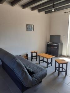 a living room with a couch and a tv and tables at Gite du Canal in Gannay-sur-Loire