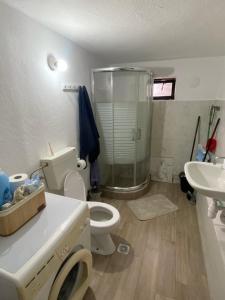a bathroom with a shower and a toilet and a sink at Papadopoulos House in Kavála +8 photos