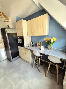 a kitchen with a counter and a refrigerator at Centre Chartres Parking privé Climatiseur in Chartres +12 photos