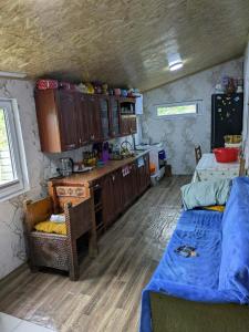 a room with a kitchen and a living room at Iamze's Guest House in Mestia +38 photos