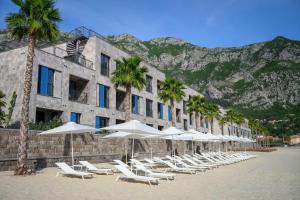 a row of white chairs and palm trees on a beach at Mövenpick Hotel & Residences Teuta Kotor Bay in Kotor