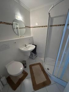 a bathroom with a toilet and a sink and a shower at Ferienwohnung-Silvie-8 in Westerland +10 photos