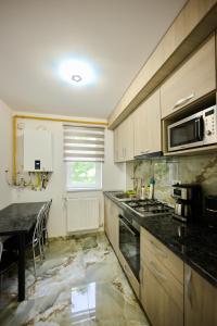 a kitchen with a sink and a stove top oven at Apartament Aleea Școlii in Haţeg