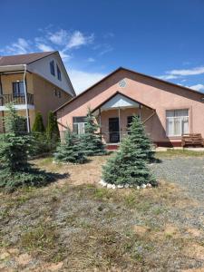 a house with three christmas trees in front of it at Гостевой дом "Greenway Tourist" in Bosteri