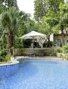 a swimming pool with two benches and an umbrella at U Lesa Retreat - Nhà Bên Rừng in Sóc Sơn