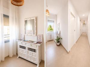 two pictures of a room with a vanity and a mirror at CasaConchaGuadamur in Guadamur
