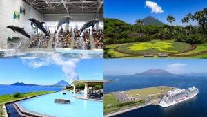 a collage of photos with a dolphin fountain at Bell stay USUKI with Kitchen #BSx in Kagoshima