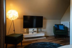 a living room with a flat screen tv and two chairs at Spanisches Haus in Staßfurt