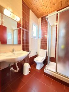 a bathroom with a sink and a toilet and a shower at Amphitrite's Paradise Apartments in Olympic Beach
