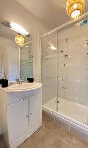 a bathroom with a sink and a shower at Le secret du Morvan in Saulieu