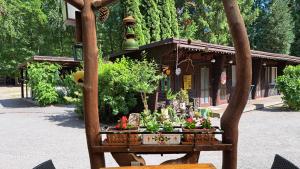 a wooden stand with plants in it in front of a building at Ferienzentrum Briesensee in Neu Zauche