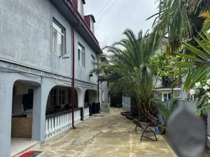 a courtyard of a building with chairs and palm trees at Palma Hostel in Batumi