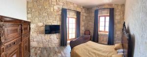a bedroom with a stone wall with a bed and a tv at Hotel & Villas - TERIZIS Le Rocher in Bŭlgarevo