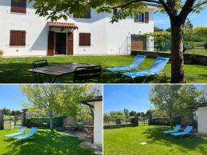 a collage of photos of a yard with a table and chairs at Quercia al Fiume in Ragogna