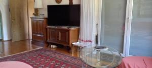 a living room with a tv and a glass table at Bungalow Au in Illertissen