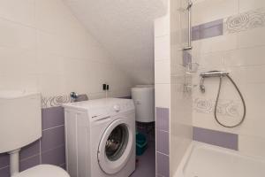 a bathroom with a washing machine and a shower at House Toma in Oklaj
