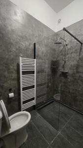 a bathroom with a toilet and a glass shower at Ubytovna Chropyně in Kroměříž