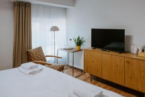 a hotel room with a television and a bed at Penzion Pod Kašnou in Frýdek-Místek
