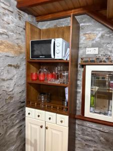 a microwave sitting on a shelf in a kitchen at Casa gallega Cedeira in Montojo