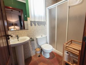 a bathroom with a toilet and a sink and a shower at Bodega Andrés Iniesta con visita y cata in Fuentealbilla