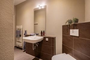 a bathroom with a sink and a toilet and a mirror at Pier17 Appartement 4 in Borkum