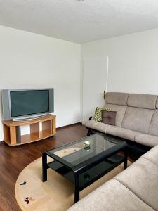 a living room with a couch and a flat screen tv at WISH Apartment Sarajevo in Sarajevo