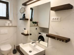 a bathroom with a sink and a washing machine at Apartma Lilly in Bohinjska Bela