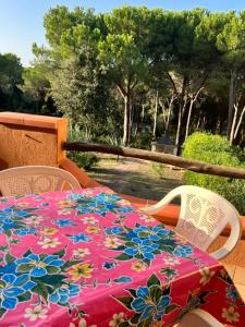a table with a flower pattern on it on a balcony at Casa Merella in Narbolia