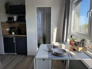 a kitchen with a table with plates on it at Appartement Briesenick-Radde in Tossens