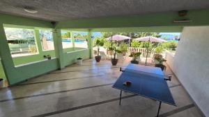 a blue ping pong table in a room with a patio at Apartmani Darijo in Čelina