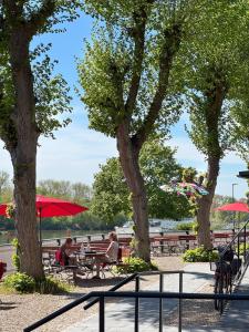 a group of people sitting at tables in a park at Backbord Geesthacht in Geesthacht